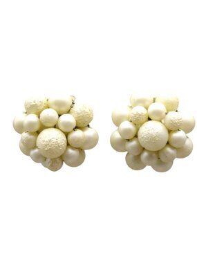 Vintage Bead Cluster Earrings, Classic White Floral Clip Ons from Mid Century